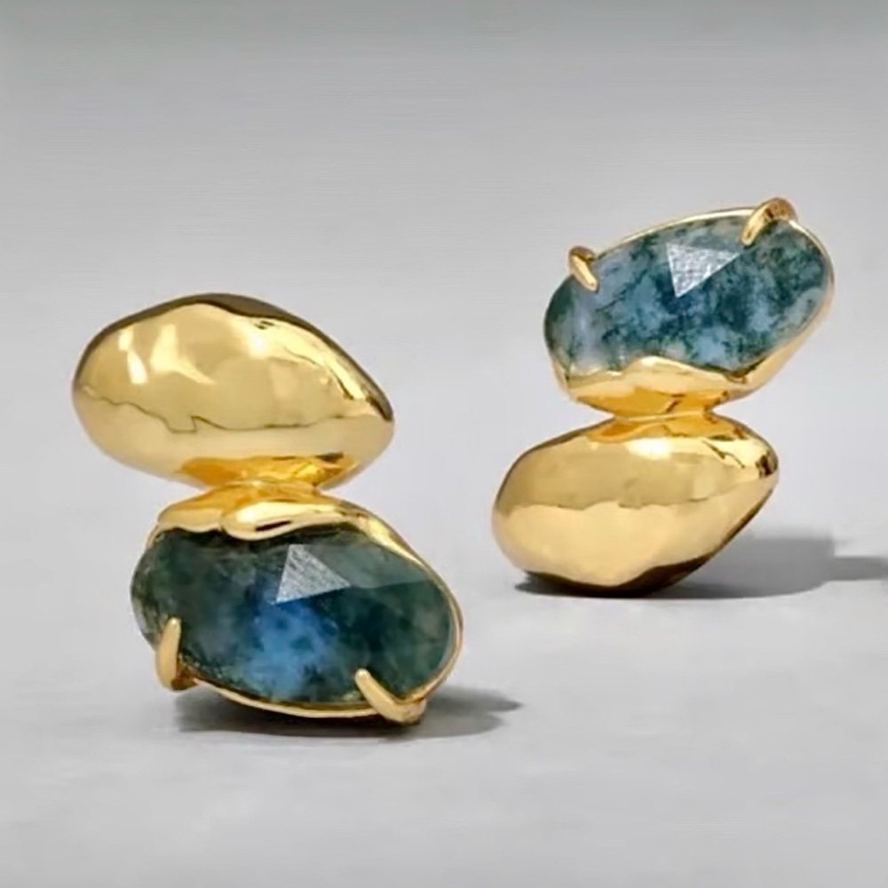 ALEXIS BITTAR Brut Blue Moss Agate Mismatch Earrings in Gold; Signed - NEW - Picture 3 of 7